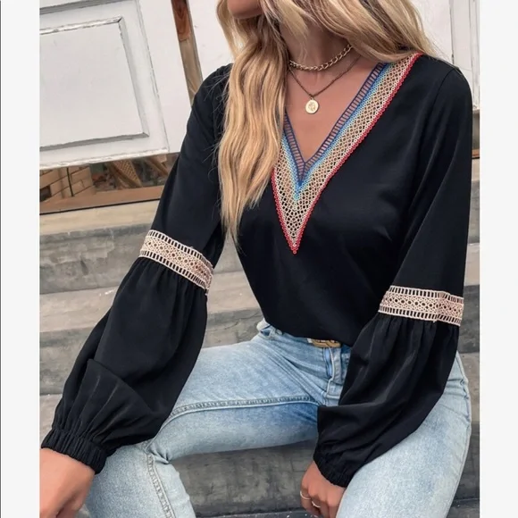 Boho Sheer Mesh Lace Long Sleeve Top Blouse Shirt Black - Picture 4 of 7